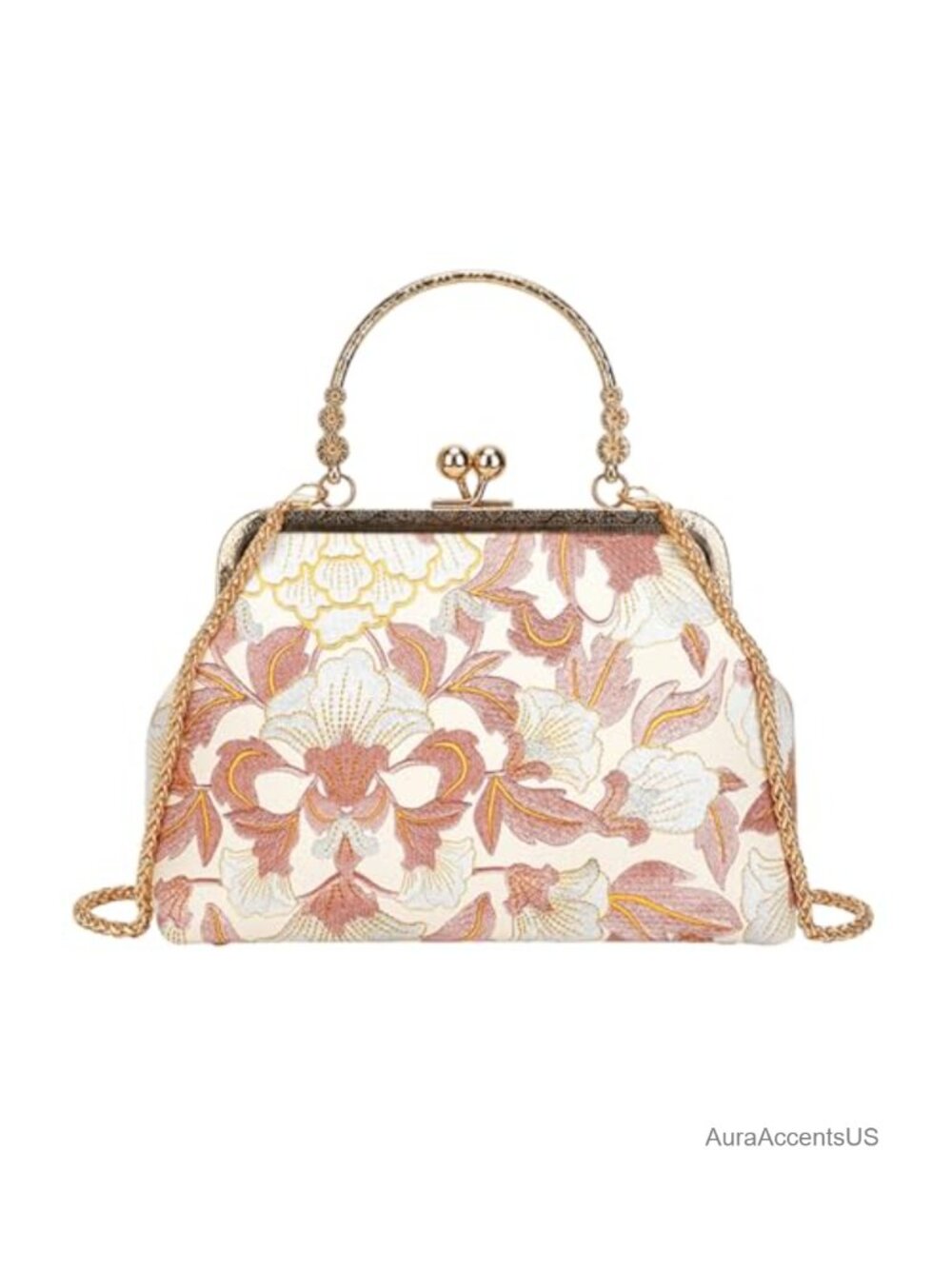 Vintage Floral Embroidered Evening Clutch, Gold Kisslock, Detachable Chain Strap